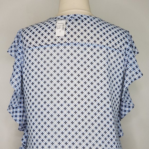 Roz & Ali Blue White Flutter Sleeve Ruffle Side Button Up Top Blouse NEW Size XL - Picture 8 of 15